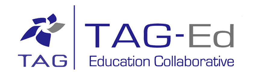 The letters T, A, G underneat a blue and gray petal-like symbol on the left of a separating vertical line, and the word TAG-Ed Education Collaborative to the right of it